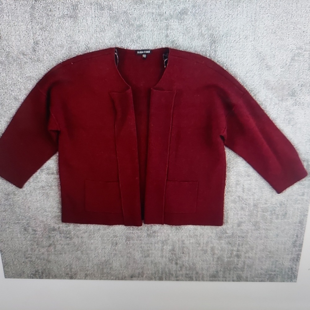 Eileen Fisher Wool Cardigan L Red Minimalist Open Front Pocket Boxy Sweater